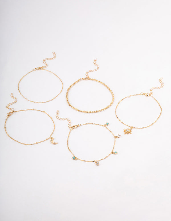 Gold Diamante Celestial Anklet 5-Pack