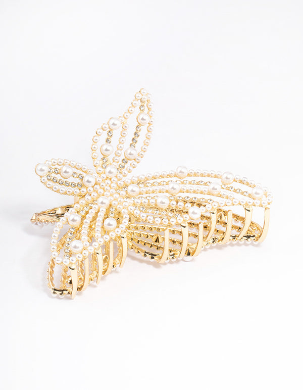 Gold Pearl Butterfly Hair Claw