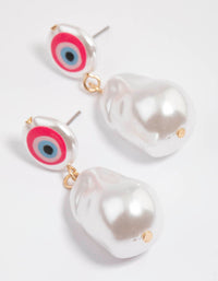 Gold Evil Eye & Pearl Drop Earrings - link has visual effect only