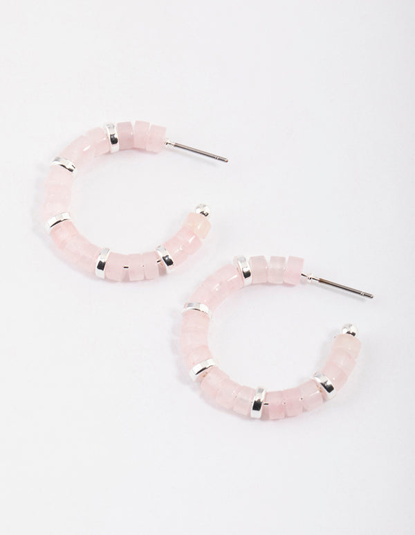 Silver Rose Quartz Mixed Disc Beaded Hoop Earrings