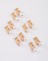 Gold Graduating Pearl Clip On Earrings 5-Pack - link has visual effect only