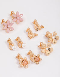 Gold Pretty Flower Clip On Earrings 5-Pack - link has visual effect only