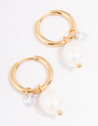 Gold Plated Stainless Steel Classic Freshwater Pearl & Cubic Zirconia Huggie Earrings - link has visual effect only