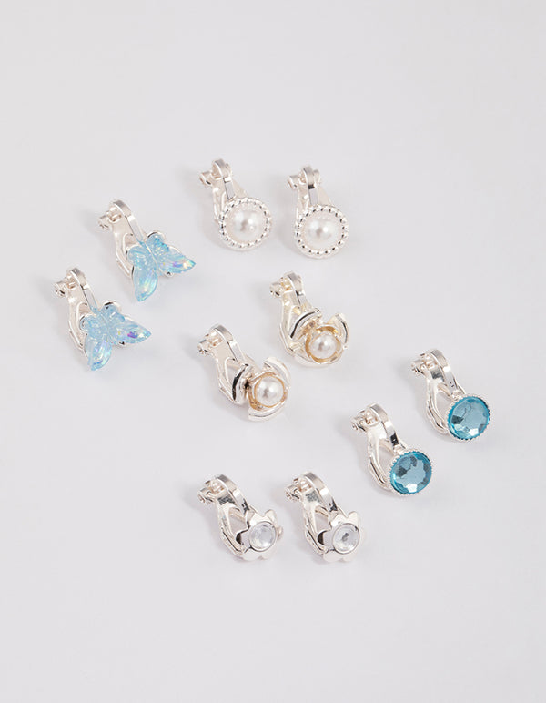 Silver Flower & Butterfly Clip On Earrings 5-Pack