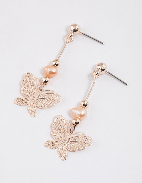 Rose Gold Filigree Butterfly Pearl Drop Earrings