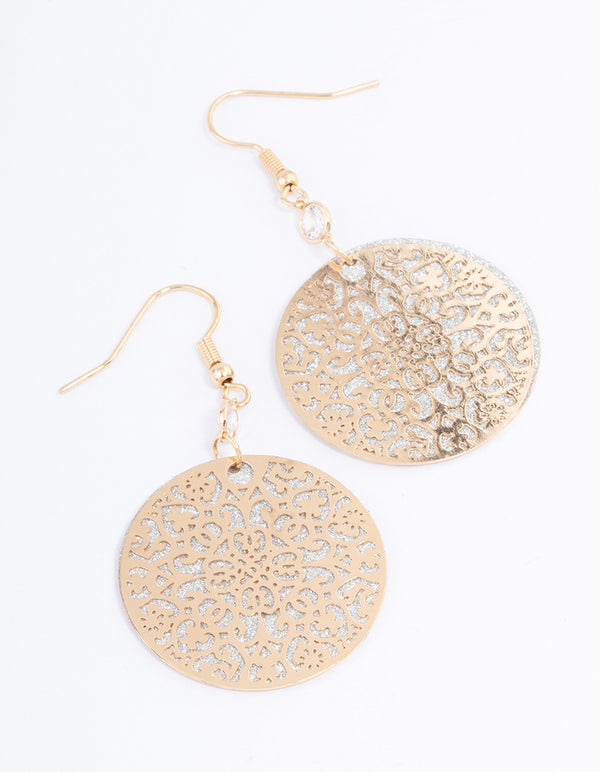 Gold Glitter Filigree Disc Drop Earrings