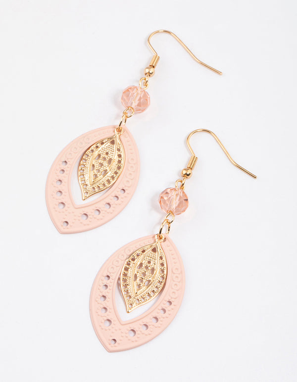 Pink Filigree Double Leaf Drop Earrings