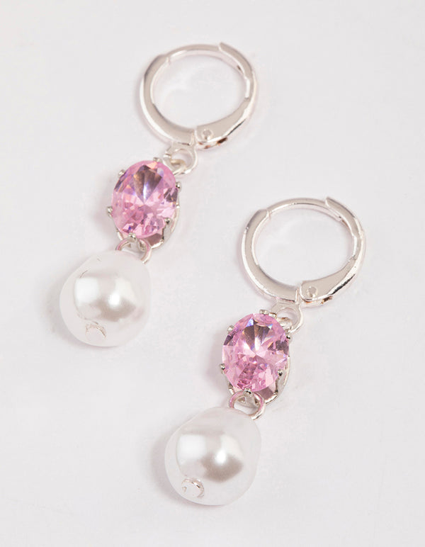 Pink Stone & Pearl Huggie Drop Earrings