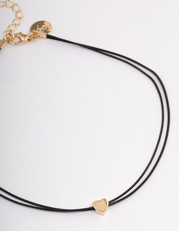 Gold Mini Heart Black Cord Choker