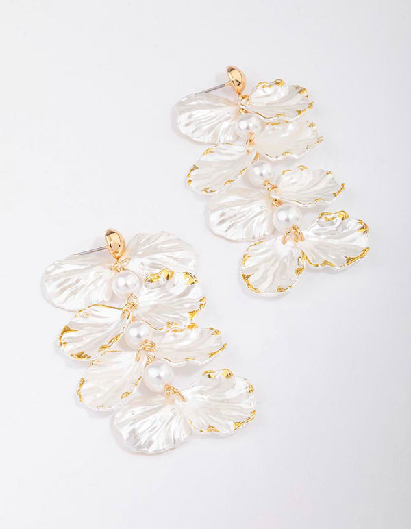 Gold Pearlised Petal Drop Earrings