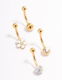 Gold Plated Surgical Steel Bezel & Flower Belly Ring 4-Pack - link has visual effect only