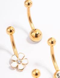 Gold Plated Surgical Steel Bezel & Flower Belly Ring 4-Pack - link has visual effect only