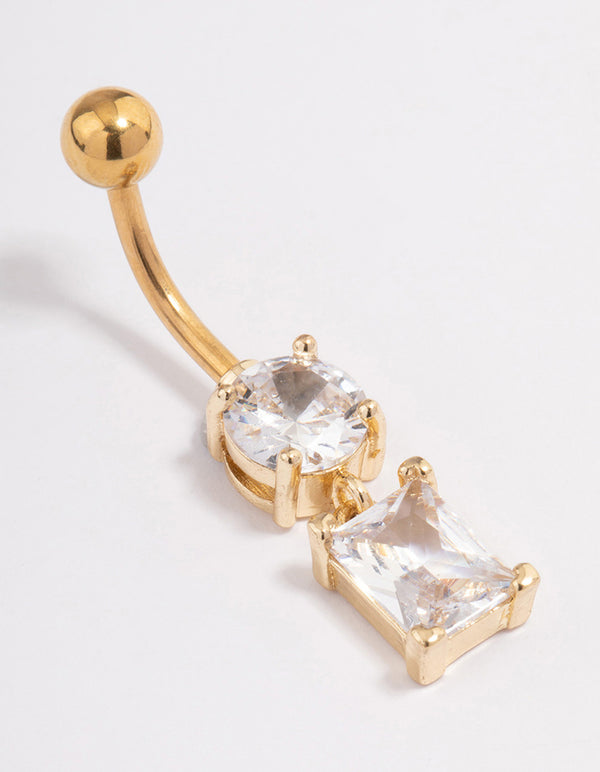 Gold Plated Surgical Steel Cubic Zirconia Baguette Charm Belly Ring