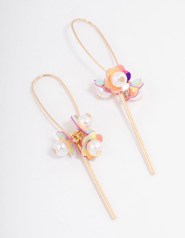 Pink Stick Sequined Flower Drop Earrings