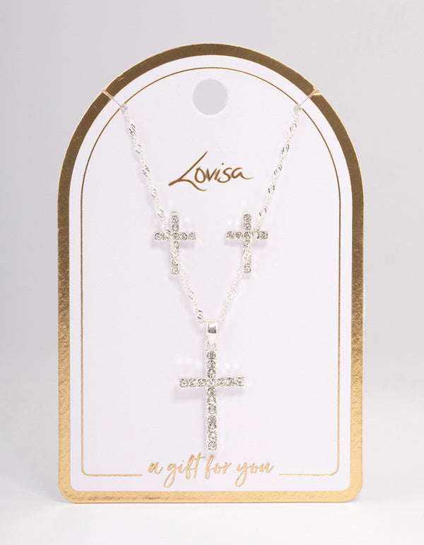 Silver Diamante Cross Jewellery Set