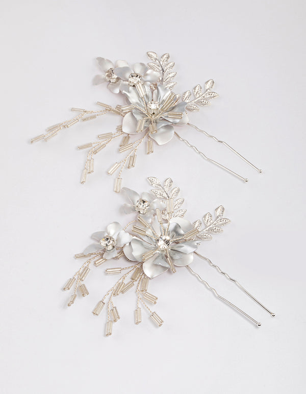 Silver Flower Leaf Beaded Hair Pin Pack