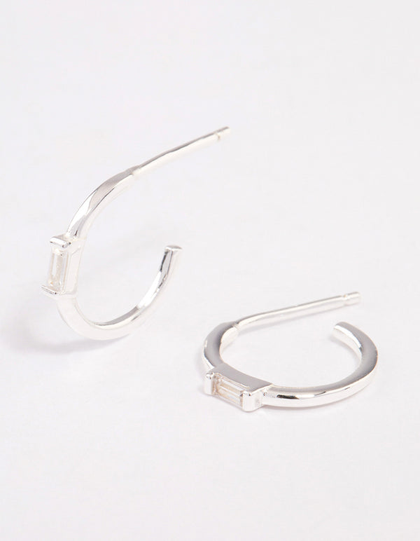 Sterling Silver Cubic Zirconia Rectangle Mini Hoop Earrings