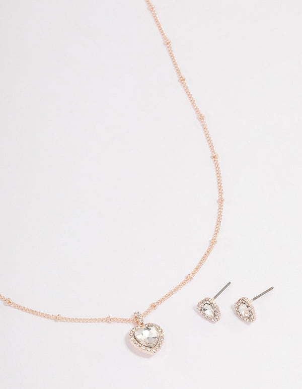 Rose Gold Heart Halo Necklace & Stud Earrings Set