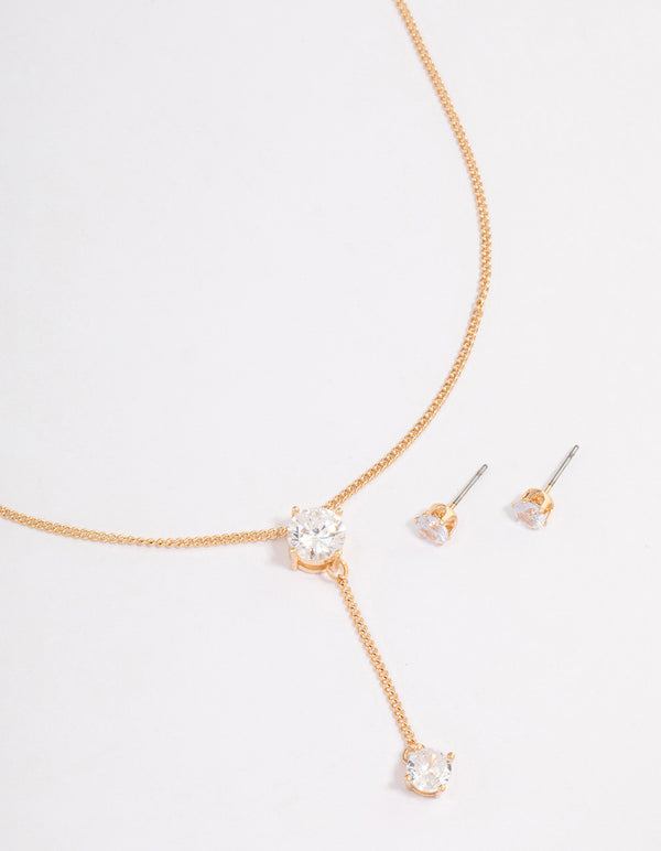 Gold Diamante Y-Shape Necklace & Stud Earrings Jewellery Set