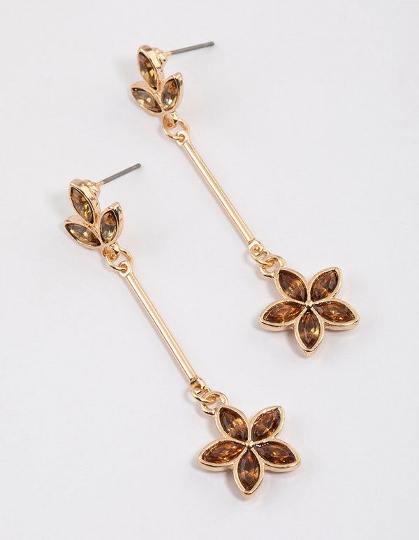 Gold Stick Diamante Floral Drop Earrings