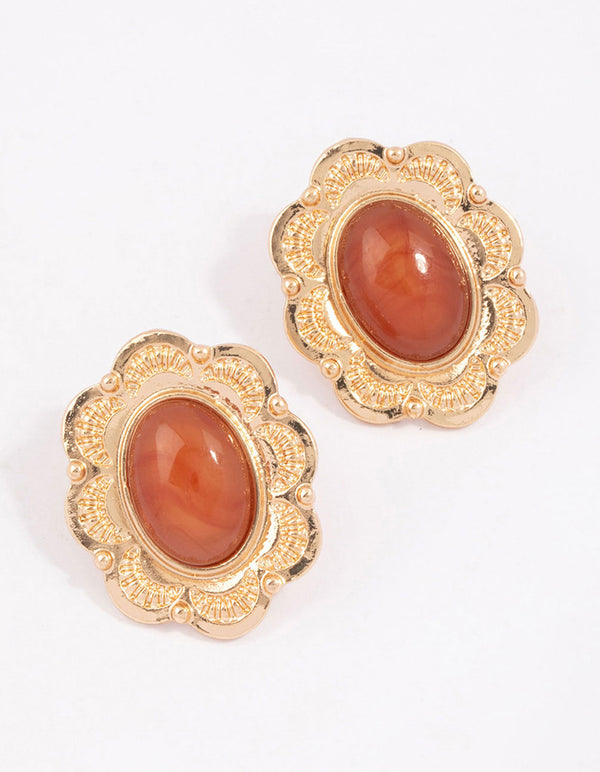 Gold Ornate Oval Orange Flower Stud Earrings