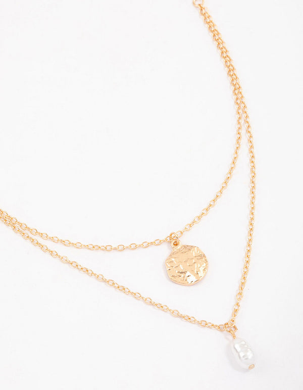 Gold Disc & Pearl Layered Necklace