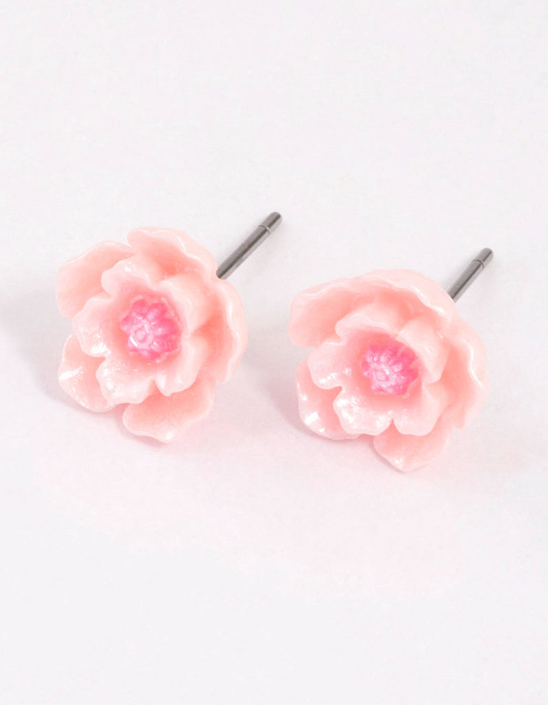 Pink Pearlised Flower Stud Earrings