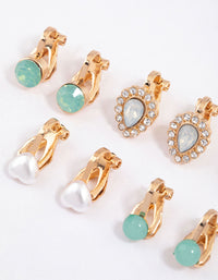 Gold Pearl & Diamante Pear Clip On Earrings 5-Pack - link has visual effect only