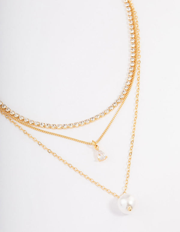 Gold Plated Cupchain Diamante & Freshwater Pearl Layered Necklace