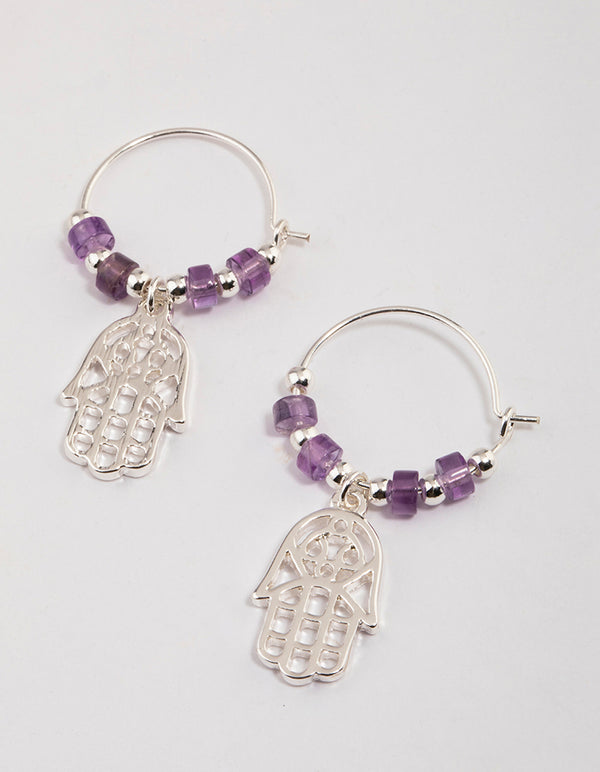 Silver Amethyst Beaded Texture Hoop Earrings