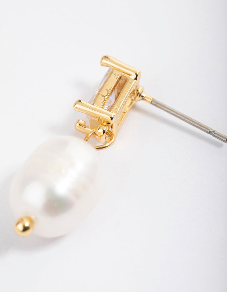 Gold Plated Cubic Zirconia Baguette & Freshwater Pearl Drop Earrings