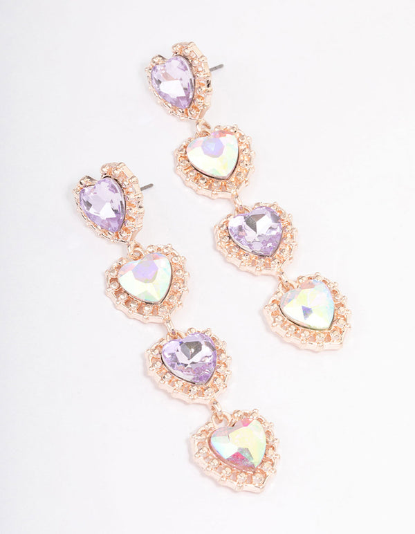 Rose Gold Four Diamante Heart Drop Earrings