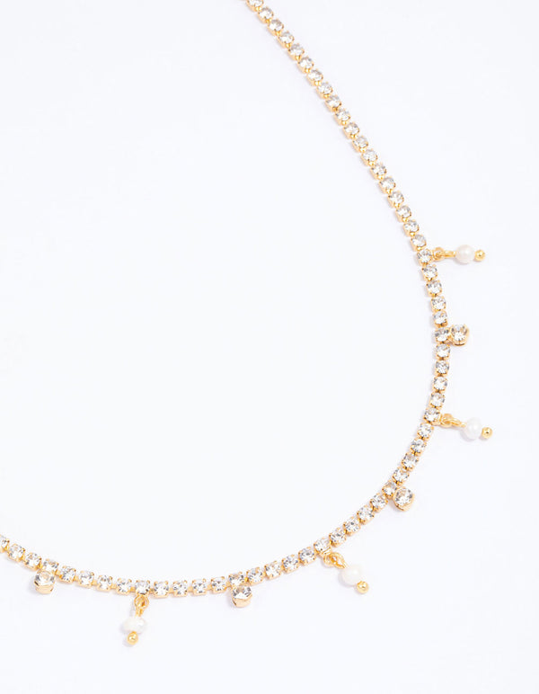 Gold Plated Cupchain Cubic Zirconia & Freshwater Pearl Drop Necklace