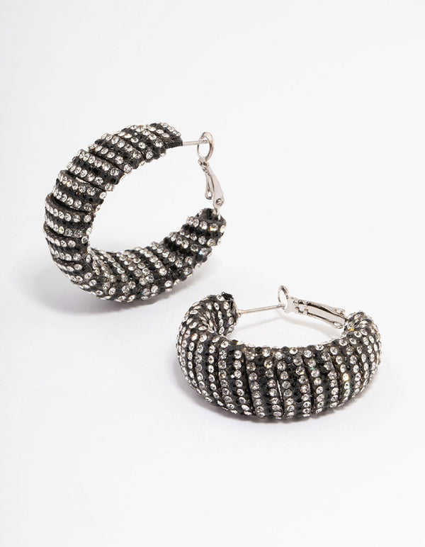 Silver Statement Two-Toned Black Diamante Hoop Earrings