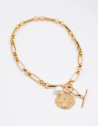 Gold Plated Mixed Link Pearl & Disc Necklace - link has visual effect only