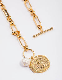 Gold Plated Mixed Link Pearl & Disc Necklace - link has visual effect only