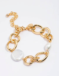 Gold Plated Large Open Chain Freshwater Pearl Bracelet - link has visual effect only