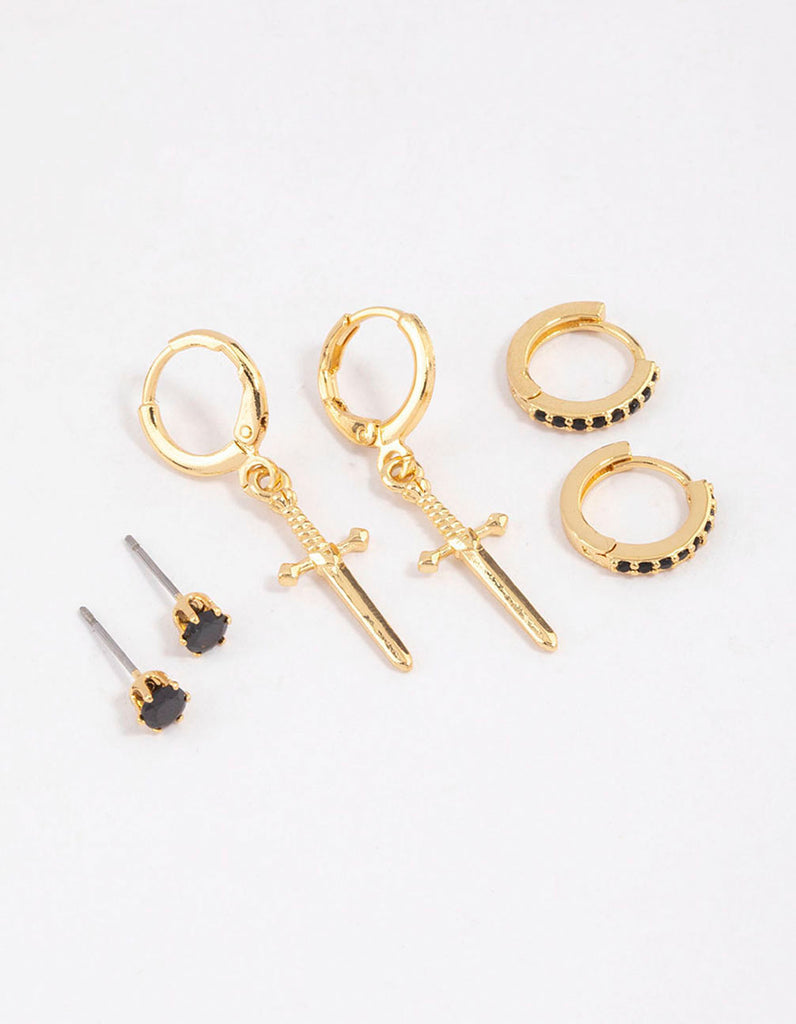 Gold Plated Cubic Zirconia Dagger Huggie Earrings Pack
