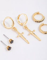 Gold Plated Cubic Zirconia Dagger Huggie Earrings Pack - link has visual effect only