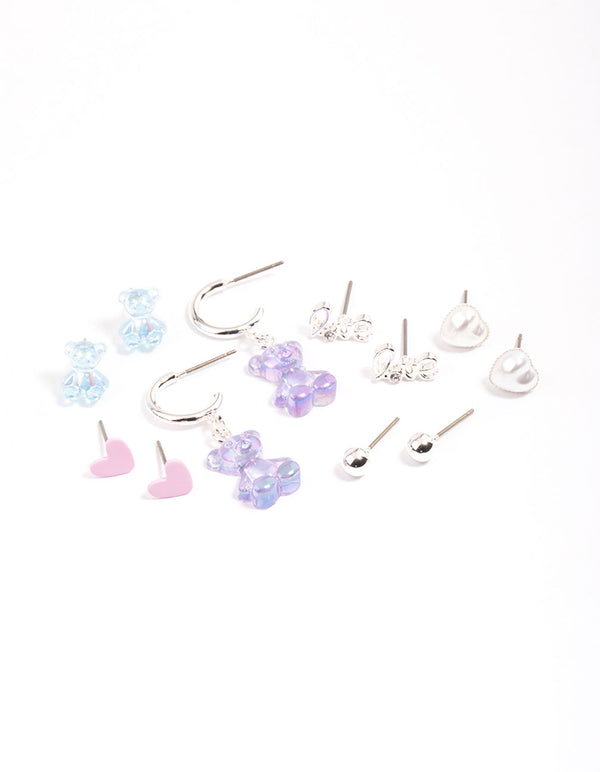 Silver Purple Cute Love Earrings 6-Pack