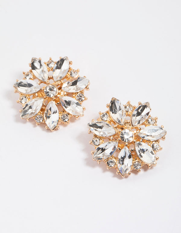 Gold Diamante Flower Stud Earrings