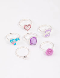 Kids Silver Diamante Rose Ring 6-Pack - link has visual effect only