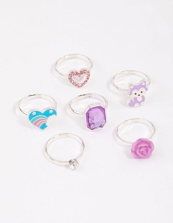 Kids Silver Diamante Rose Ring 6-Pack