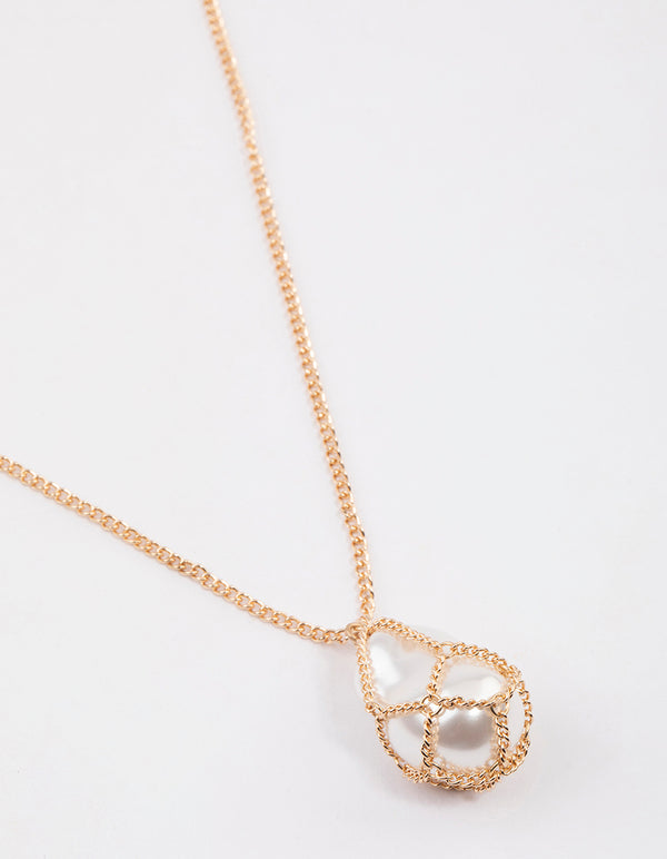 Gold Chain Caged Pearl Pendant Necklace