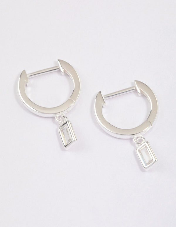 Sterling Silver Cubic Zirconia Baguette Drop Huggie Earrings