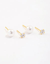 Gold Plated Sterling Silver Pearl & Cubic Zirconia Stud Earring Pack - link has visual effect only