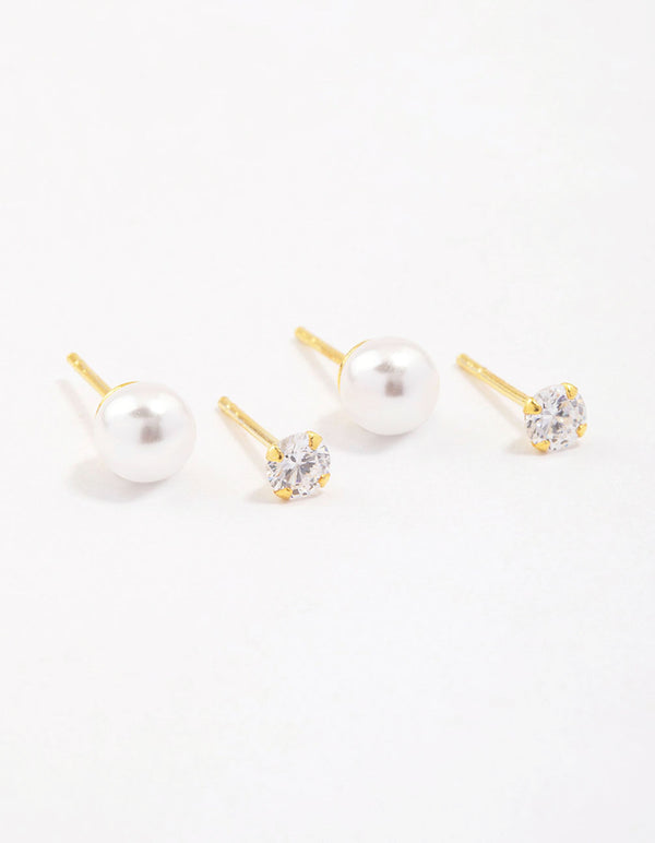 Gold Plated Sterling Silver Pearl & Cubic Zirconia Stud Earring Pack