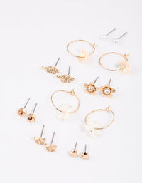 Gold Floral & Pearl Dainty Earrings 8-Pack - link has visual effect only