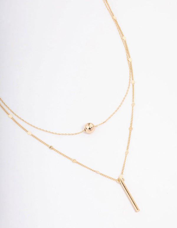 Gold Bar & Ball Double Chain Short Necklace