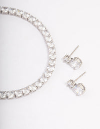 Rhodium Cubic Zirconia Round Graduating Earrings & Tennis Bracelet Set - link has visual effect only